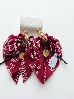 NWT Free People Red Bandana Fabric and Gold Disc Statement Earrings